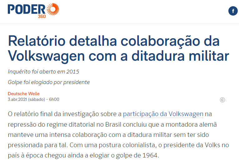 Poder360: Relatório detalha colaboração da Volkswagen com a ditadura militar.